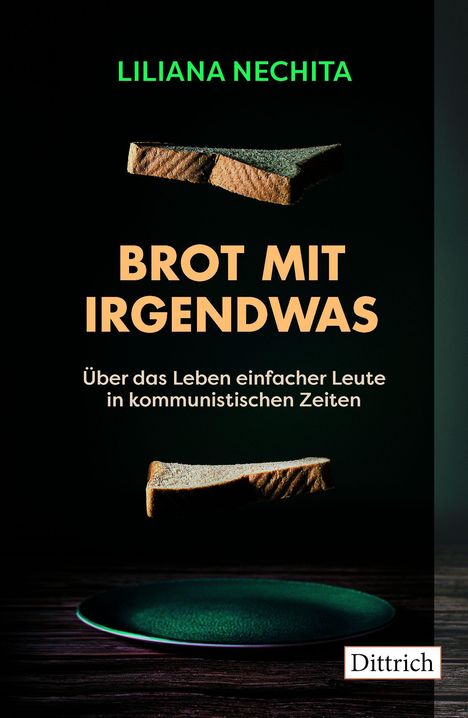 Titel: "Brot mit Irgendwas", Autor: Liliana Nechita. Einfache Brotscheiben schweben über einem Tisch mit Teller.