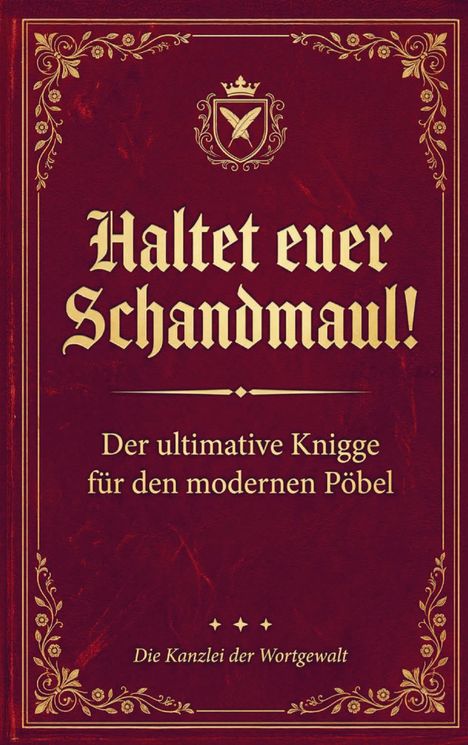 "Halte euer Schandmaul! Der ultimative Knigge für den modernen Pöbel. Die Kanzlei der Wortgewalt." Goldener Text auf rotem Hintergrund, verziert mit floralen Mustern und einem Wappen.