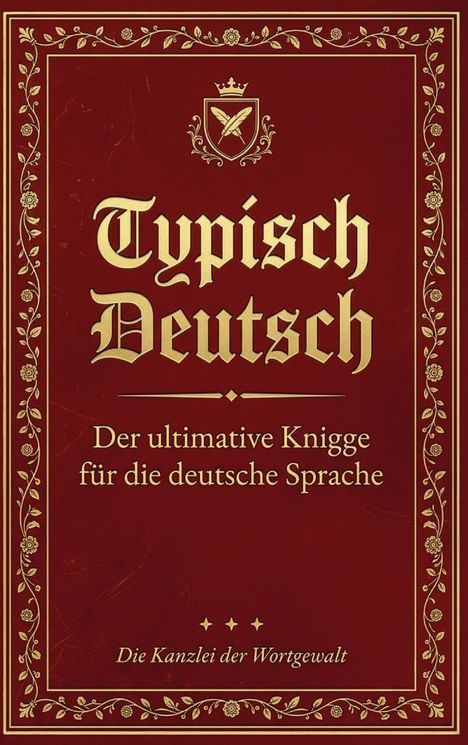 "Typisch Deutsch: Der ultimative Knigge für die deutsche Sprache" von "Die Kanzlei der Wortgewalt" auf rotem Hintergrund.