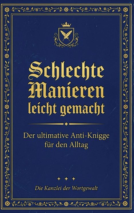 "Schlechte Manieren leicht gemacht. Der ultimative Anti-Knigge für den Alltag. Die Kanzlei der Wortgewalt." Blaue, reich verzierte Buchcover.