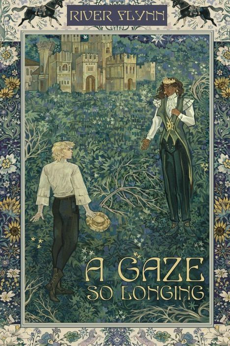 Text: "A Gaze So Longing", "River Flynn". Eine Illustration von zwei eleganten Figuren vor einer Burg, umgeben von dichter Vegetation.