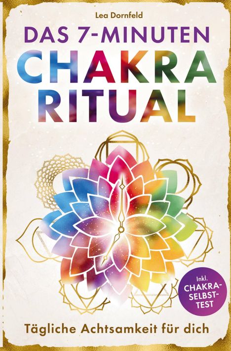 "DAS 7-MINUTEN CHAKRA RITUAL", bunte Mandala-Illustration, "Tägliche Achtsamkeit für dich", lila Kreis "Inkl. CHAKRA-SELBST-TEST".