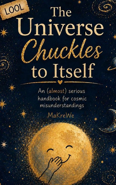 „The Universe Chuckles to Itself“ steht über einem lachenden Mond in einem sternenreichen, kosmischen Illustrationsstil.