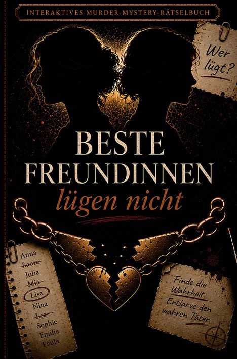 Interaktives Murder-Mystery-Rätselbuch: Beste Freundinnen lügen nicht. Silhouetten zweier Frauen, zerrissenes Herz, Ketten.