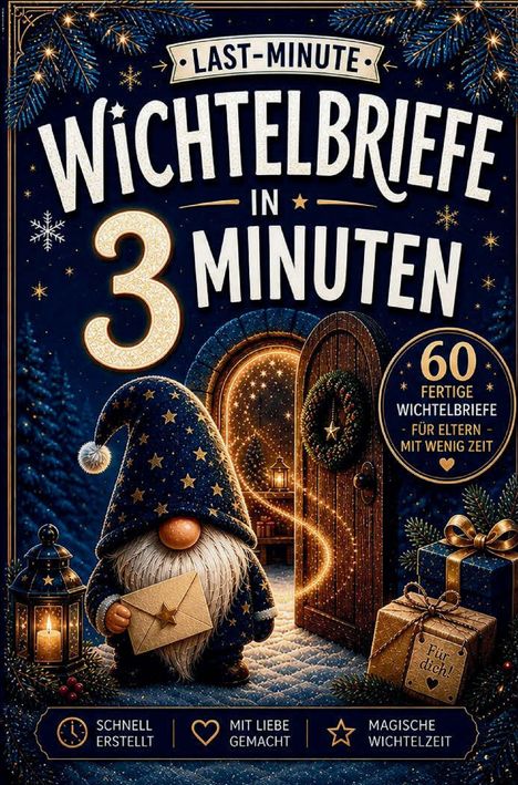 "Last-Minute Wichtelbriefe in 3 Minuten", Illustration mit Wichtel, Laterne, Geschenken und geöffnetem Holztor.