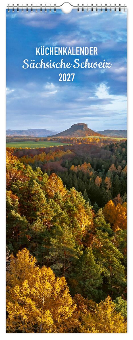 Küchenkalender Sächsische Schweiz 2027. Herbstlandschaft mit buntem Wald und im Hintergrund ein markanter Berg.