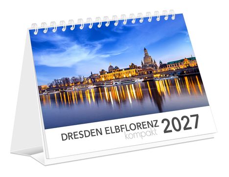 "DRESDEN ELBFLORENZ kompakt 2027" - Ein Kalender mit einer beleuchteten Skyline von Dresden bei Nacht, im Vordergrund Wasser.