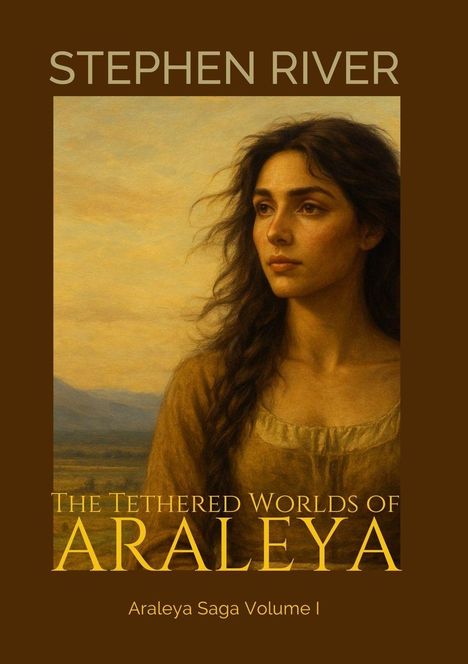 Text: "Stephen River", "The Tethered Worlds of Araleya", "Araleya Saga Volume I". 

Illustration: Frau vor Landschaft.