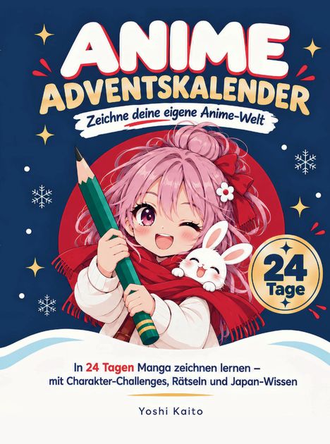 "ANIME ADVENTSKALENDER: Zeichne deine eigene Anime-Welt. 24 Tage. Illustration: Mädchen mit rosa Haaren, großem Stift."