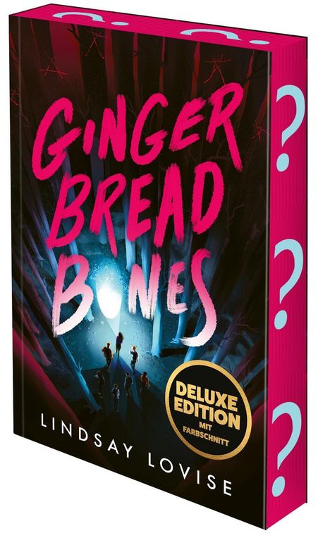 Auf einem Buchcover steht oben "GINGERBREAD BONES" in pink. Unten steht "LINDSAY LOVISE". Im Wald beleuchtet eine Taschenlampe Figuren.