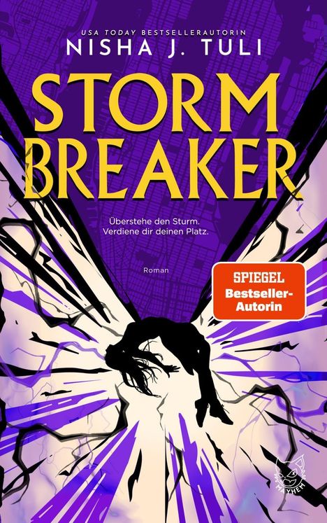 „STORM BREAKER“ in gelber Schrift, darunter „Überstehe den Sturm. Verdiene dir deinen Platz.“ Silhouette einer Person in Explosion.