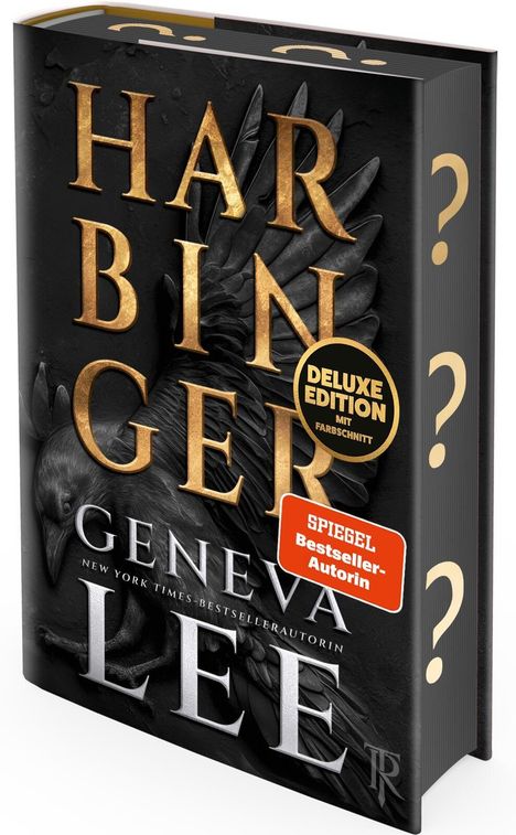 "Deluxe Edition mit Farbschnitt" in gelbem Kreis, "Spiegel Bestseller-Autorin" auf rotem Sticker. Schwarzer Rabe-Hintergrund.