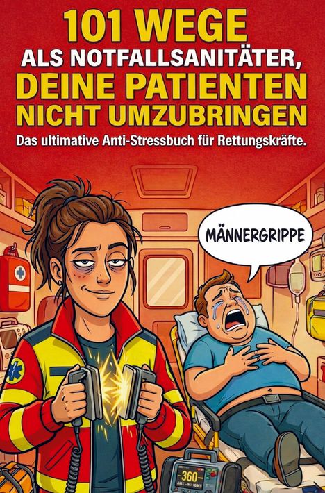 "101 Wege als Notfallsanitäter, deine Patienten nicht umzubringen. Männergrippe." Illustration: Sanitäterin grinst, hält Defibrillator.