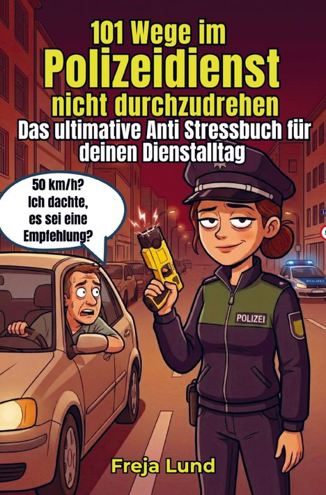 Titel: „101 Wege im Polizeidienst nicht durchzudrehen“. Polizistin mit Elektroschocker, Fahrer im Auto wirkt besorgt.