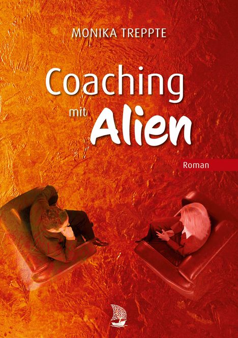 "MONIKA TREPPTE Coaching mit Alien Roman." Zwei Personen sitzen sich auf roten Sesseln gegenüber.