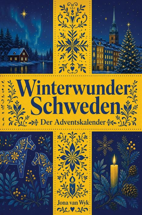 "Winterwunder Schweden: Der Adventskalender. Jona van Wyk." Gelbe und blaue Illustrationen mit Wintermotiven.