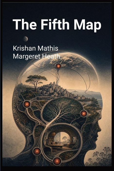 "The Fifth Map; Krishan Mathis, Margeret Heath."   
Illustration eines Kopfes, gefüllt mit Baum, Stadt und Raum.