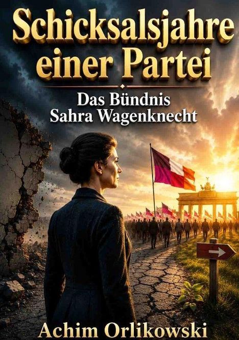 „Schicksalsjahre einer Partei“, „Das Bündnis Sahra Wagenknecht“ von Achim Orlikowski. Frau blickt auf zerklüftete Straße.