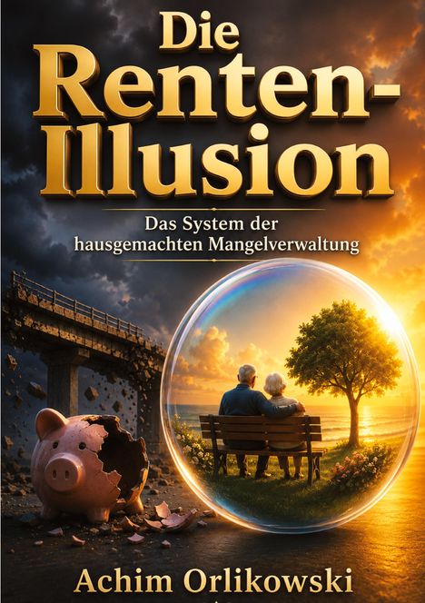 "Die Renten-Illusion: Das System der hausgemachten Mangelverwaltung." Rentnerpaar auf Bank, kaputtes Sparschwein.