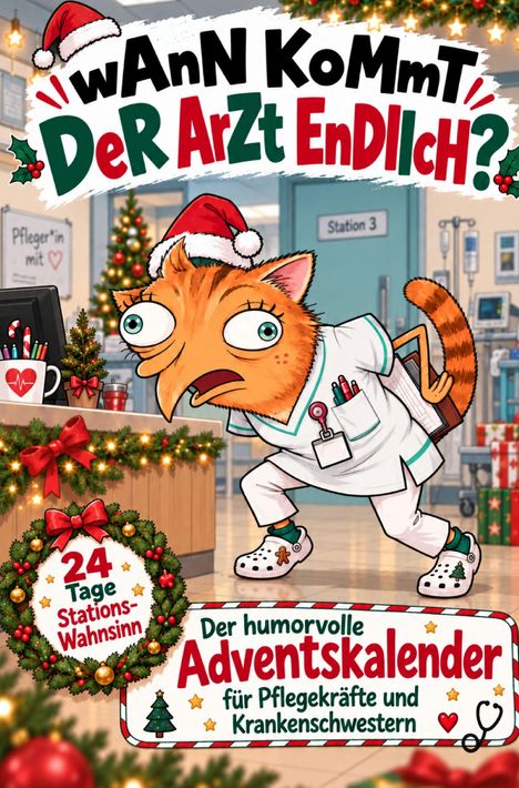 "Wann kommt der Arzt endlich?", "24 Tage Stations-Wahnsinn", "Der humorvolle Adventskalender für Pflegekräfte und Krankenschwestern". Illustration eines besorgten Tieres in Krankenhauskleidung mit Weihnachtsdekorationen.