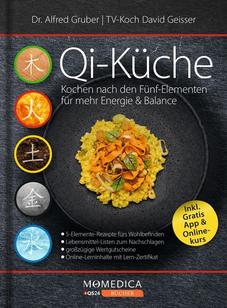 "Qi-Küche: Kochen nach den Fünf-Elementen für mehr Energie & Balance." Oben: Autoren. Rechts: Das Gericht. Links: Elemente.