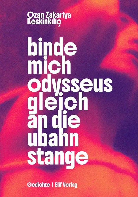 Text: "binde mich odysseus gleich an die ubahn stange". Hintergrund: Abstraktes, rot-violettes Bild.