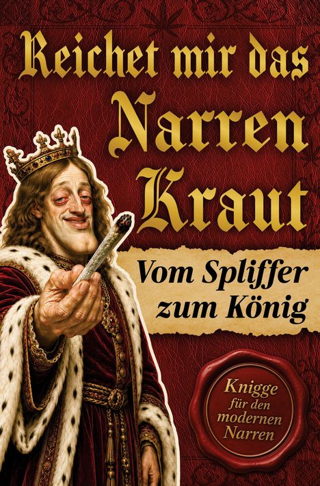 Text in goldener Schrift: "Reichet mir das Narrenkraut". Illustration: König hält Joint.