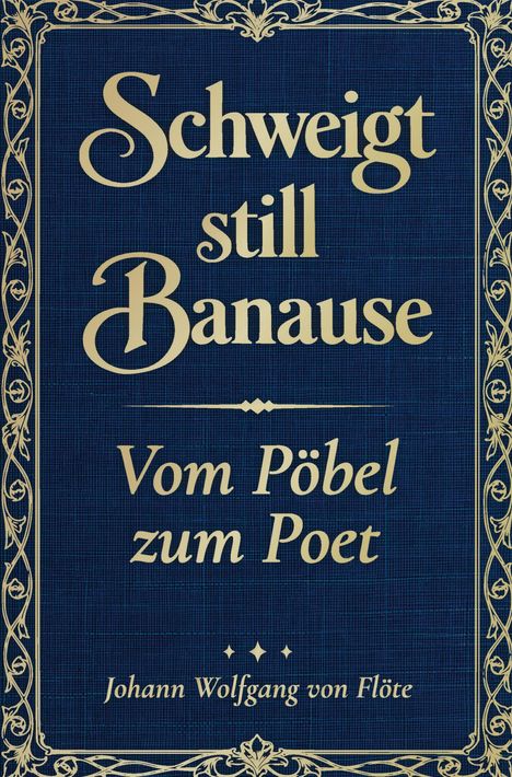 "Schweigt still Banausen. Vom Pöbel zum Poet. Johann Wolfgang von Flöte." Verziertes Design in Blau und Gold.