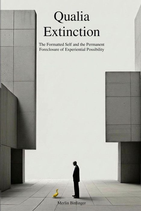Text: "Qualia Extinction. The Formatted Self and the Permanent Foreclosure of Experiential Possibility. Merlin Bittlinger."  
Ein Mann steht einer gelben Ente in minimalistischer Architektur gegenüber.