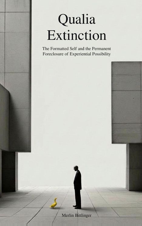 "Qualia Extinction" oben, "Merlin Bittlinger" unten. Ein Mann steht in einer minimalistischen Umgebung vor einer gelben Ente.