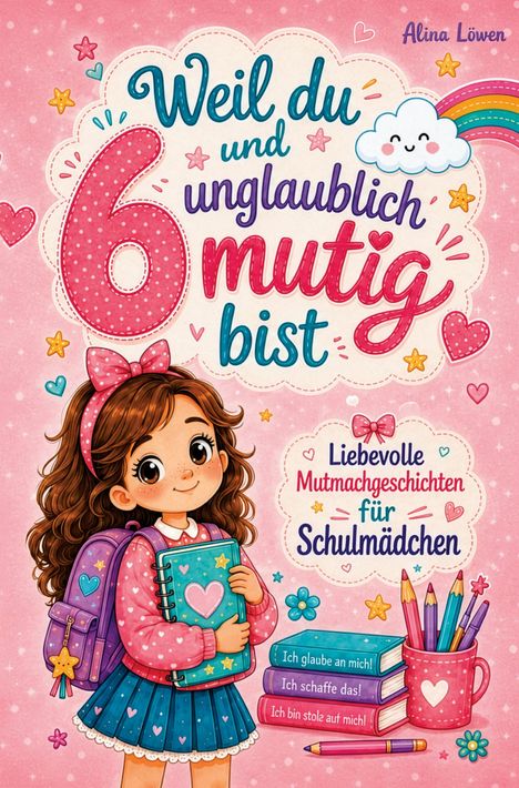 "Weil du und unglaublich mutig bist" steht groß. Illustration: Ein Mädchen mit Rucksack, Buch und lächelnden Wolkenmotiven.