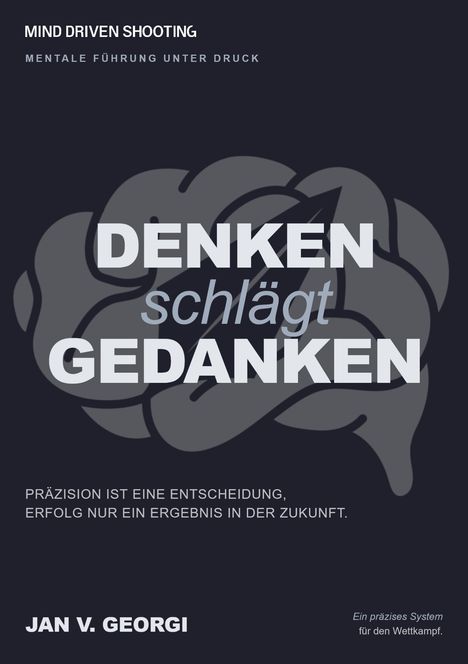 Text: „DENKEN schlägt GEDANKEN. PRÄZISION IST EINE ENTSCHEIDUNG, ERFOLG NUR EIN ERGEBNIS IN DER ZUKUNFT.“ Silhouette eines Gehirns.