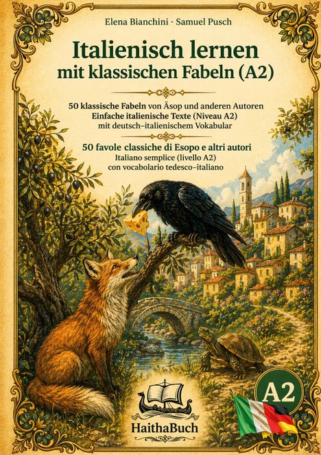 Italienisch lernen mit klassischen Fabeln (A2). Ein Fuchs und Rabe mit Käse; Dorf im Hintergrund. HaithaBuch, A2-Logo, Flaggen.