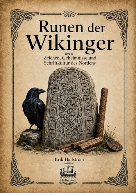 "Runen der Wikinger: Zeichen, Geheimnisse und Schriftkultur des Nordens." Ein Rabe, ein Runenstein und Holzstäbe.