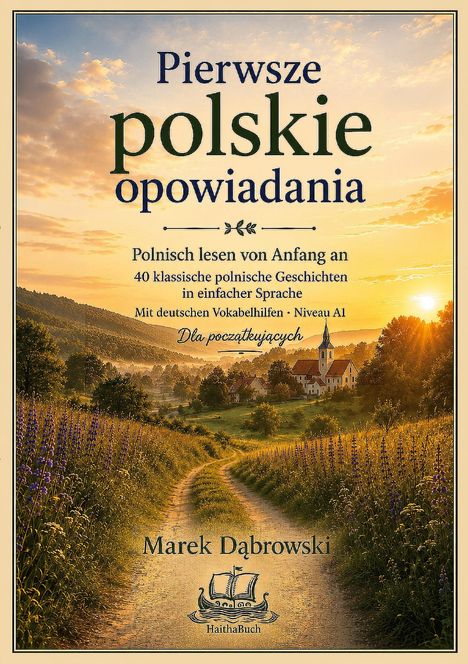 "Pierwsze polskie opowiadania" - ein Buch von Marek Dąbrowski. Landschaft mit Dorf bei Sonnenuntergang im Hintergrund.