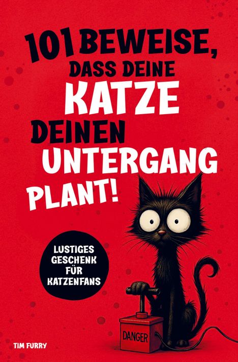 "101 Beweise, dass deine Katze deinen Untergang plant! Lustiges Geschenk für Katzenfans." Illustration: Schwarze Katze mit Knopf.