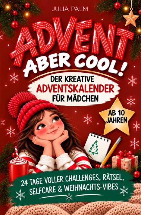 "Advent, aber cool! Der kreative Adventskalender für Mädchen ab 10 Jahren. 24 Tage voller Challenges, Rätsel, Selfcare & Weihnachts-Vibes." Illustration eines Mädchens mit Mütze, umgeben von weihnachtlichen Elementen.