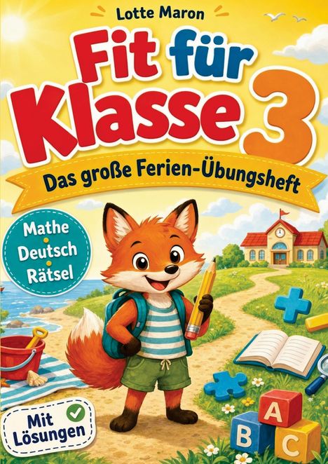 "Fit für Klasse 3", "Das große Ferien-Übungsheft". Illustration: Ein fröhlicher Fuchs mit Rucksack, Buntstift in der Hand.