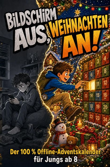 "Bildschirm aus, Weihnachten an! Der 100 % Offline-Adventskalender für Jungs ab 8." Ein Junge wechselt von Bildschirm zu Advent.