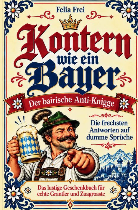 Ein muskulöser Mann in Tracht hebt einen Bierkrug, zwinkert und zeigt humorvoll auf den Betrachter.