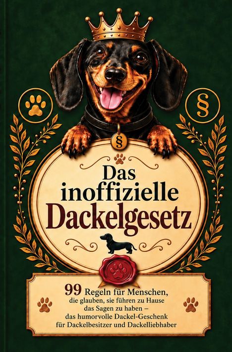 „Das inoffizielle Dackelgesetz“; Illustration eines lachenden Dackels mit Krone. Pfotenabdrücke und Pflanzenmotive.