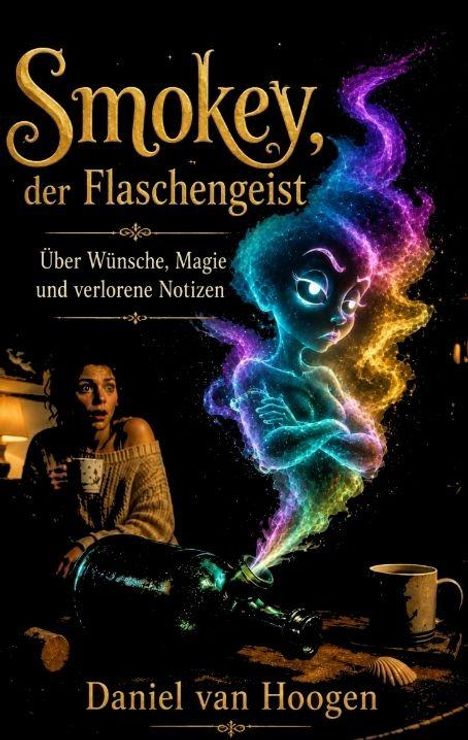 "Smokey, der Flaschengeist. Über Wünsche, Magie und verlorene Notizen. Daniel van Hoogen." Ein bunter, magischer Geist erscheint.