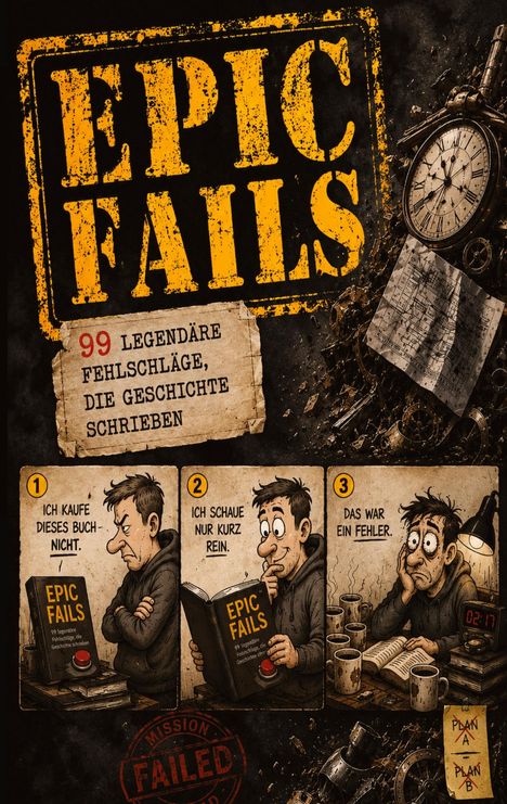 "EPIC FAILS - 99 legendäre Fehlschläge, die Geschichte schrieben." Ein Comic zeigt einen Mann, der ein Buch liest.