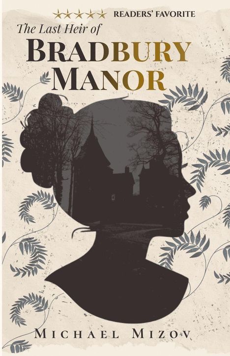 "The Last Heir of Bradbury Manor" von Michael Mizov. Silhouette einer Frau mit Gebäuden und Bäumen im Profil. Blattmuster.