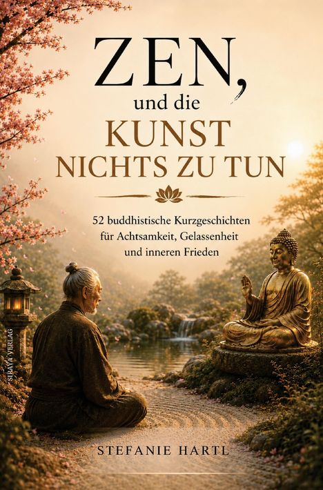 "ZEN, und die KUNST NICHTS ZU TUN. 52 buddhistische Kurzgeschichten. Stefanie Hartl. Illustration: Mann meditiert vor Buddha."