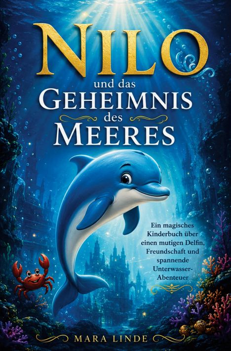 Text: „Nilo und das Geheimnis des Meeres. Ein magisches Kinderbuch über einen mutigen Delfin, Freundschaft und spannende Unterwasser-Abenteuer. Mara Linde.“ Illustration: Ein Delfin und eine Krabbe in einer lebendigen Unterwasserwelt.