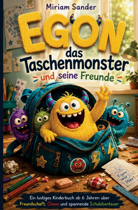 Titel: "Egon das Taschenmonster und seine Freunde". Illustration: Bunte Monster in einem Rucksack, umgeben von Schulutensilien.
