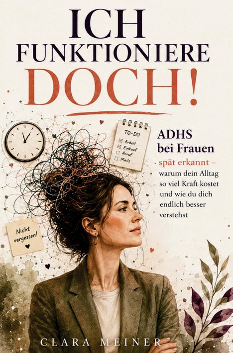 "ICH FUNKTIONIERE DOCH! ADHS bei Frauen" steht groß, daneben eine Frau mit chaotischem Haar, Notizblock und Uhr.