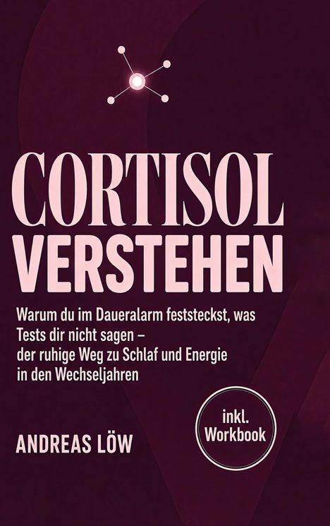 „CORTISOL VERSTEHEN. Warum du im Daueralarm feststeckst... Andreas Löw.“ Molekül-ähnliches Icon oben.