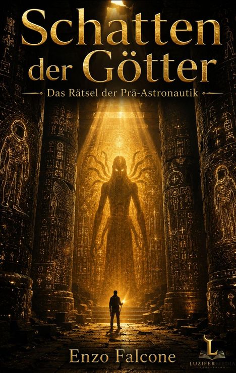 „Schatten der Götter – Das Rätsel der Prä-Astronautik“. Ein Mensch steht vor einem leuchtenden, tentakelartigen Wesen.